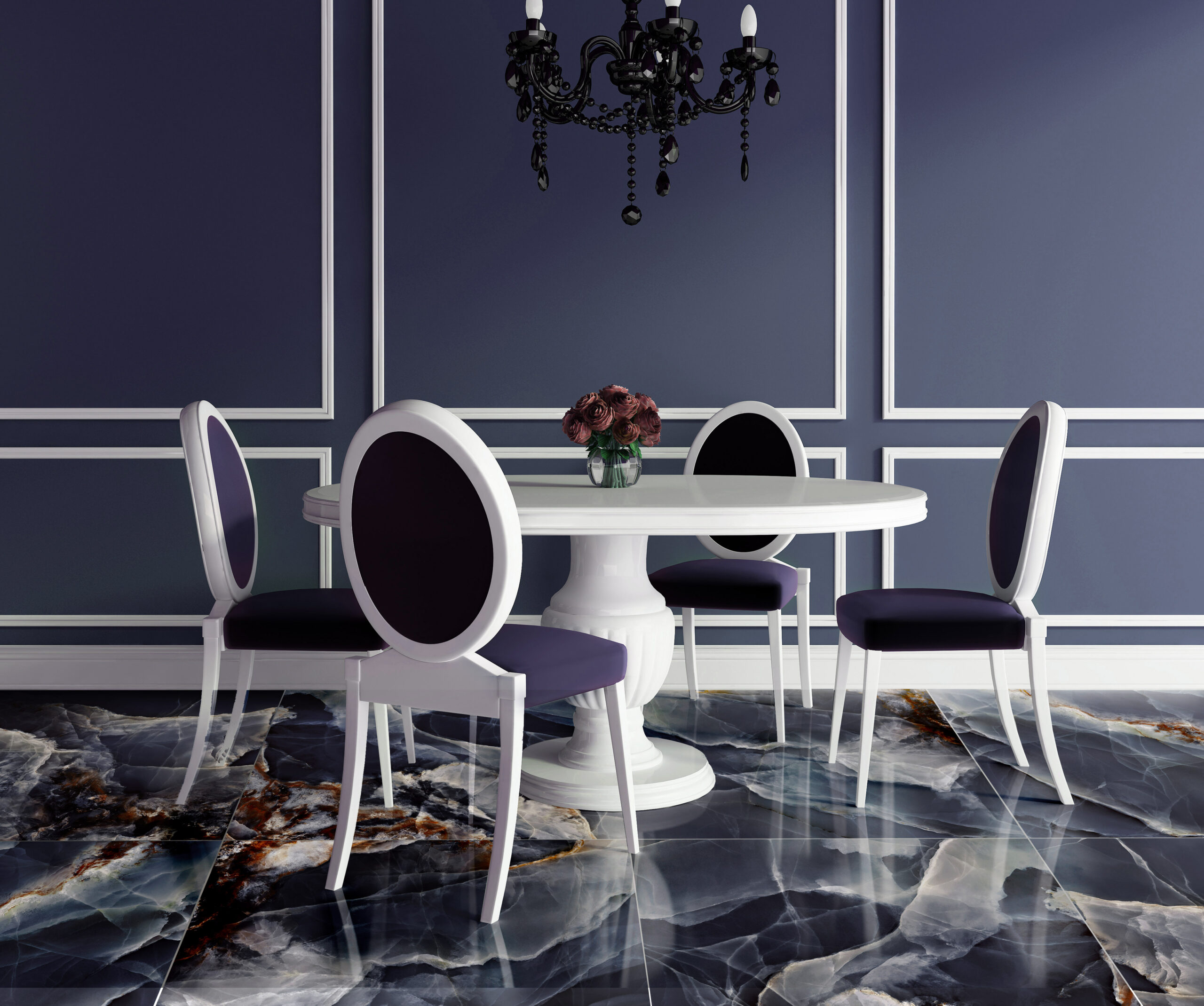 Luxury chic dark green white interior dining room, chandelier