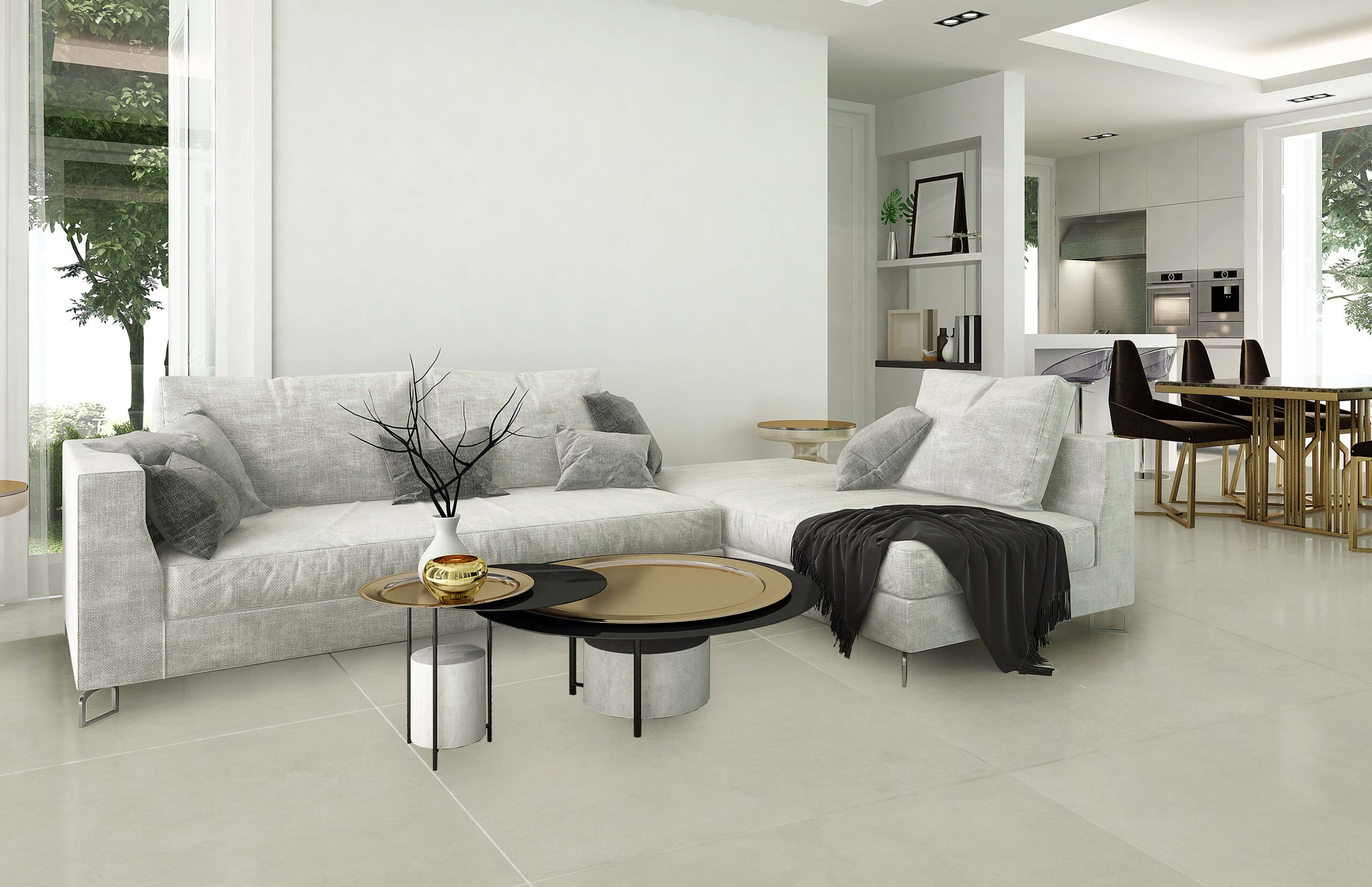 Modern living and dining room interior design and garden view